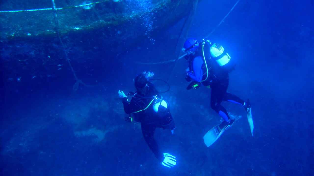 Sam & Debbie diving a wreck in Croatia by Brian Darvell
